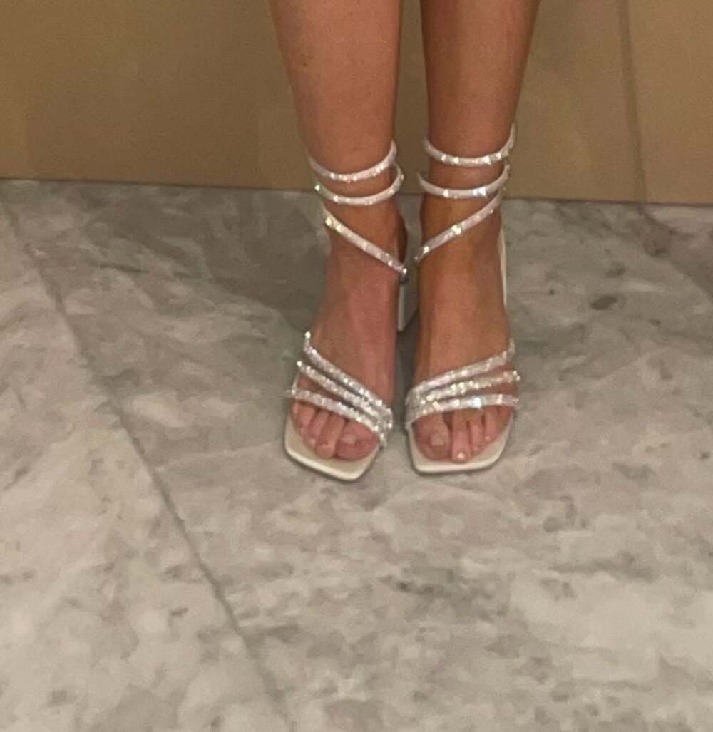SIMMI Women's White Rhinestone Strappy Block Heels